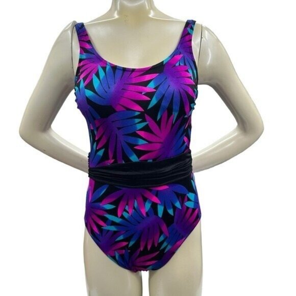 Vintage Mainstream Women's 10 One Piece Swim Suit Black Purple Retro Union USA - Picture 1 of 10